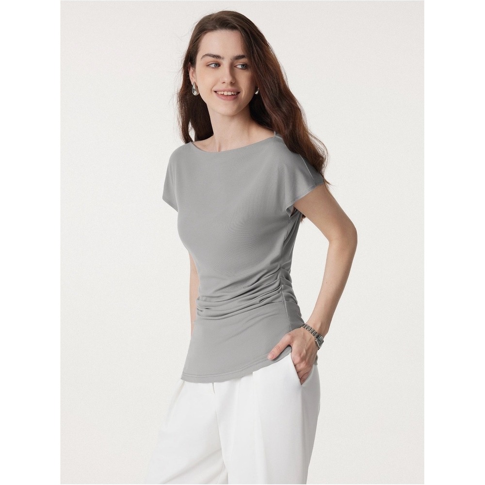 OGL Eco-SkinKiss Boatneck Flutter‎ Sleeve Side Tucked Long Tee gray large NWT - Picture 2 of 16